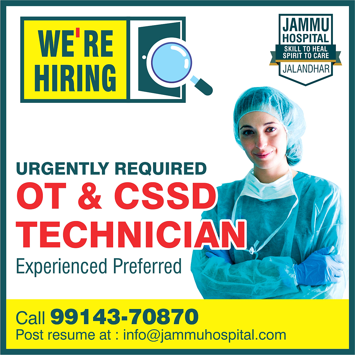 CSSD And OT Technician Job Jalandhar Jammu Hospital